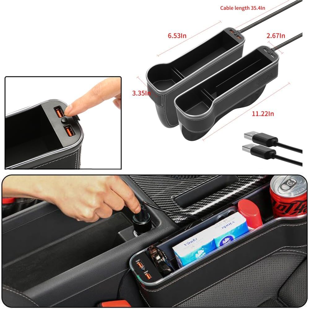 LED Car Seat Gap Filler Organizer with Fast Charger and Cup Holder - 7 Color Ambient Lights, PU Leather Storage Box for Phone/Keys/Coins (Universal Fit for SUV/Sedan)
