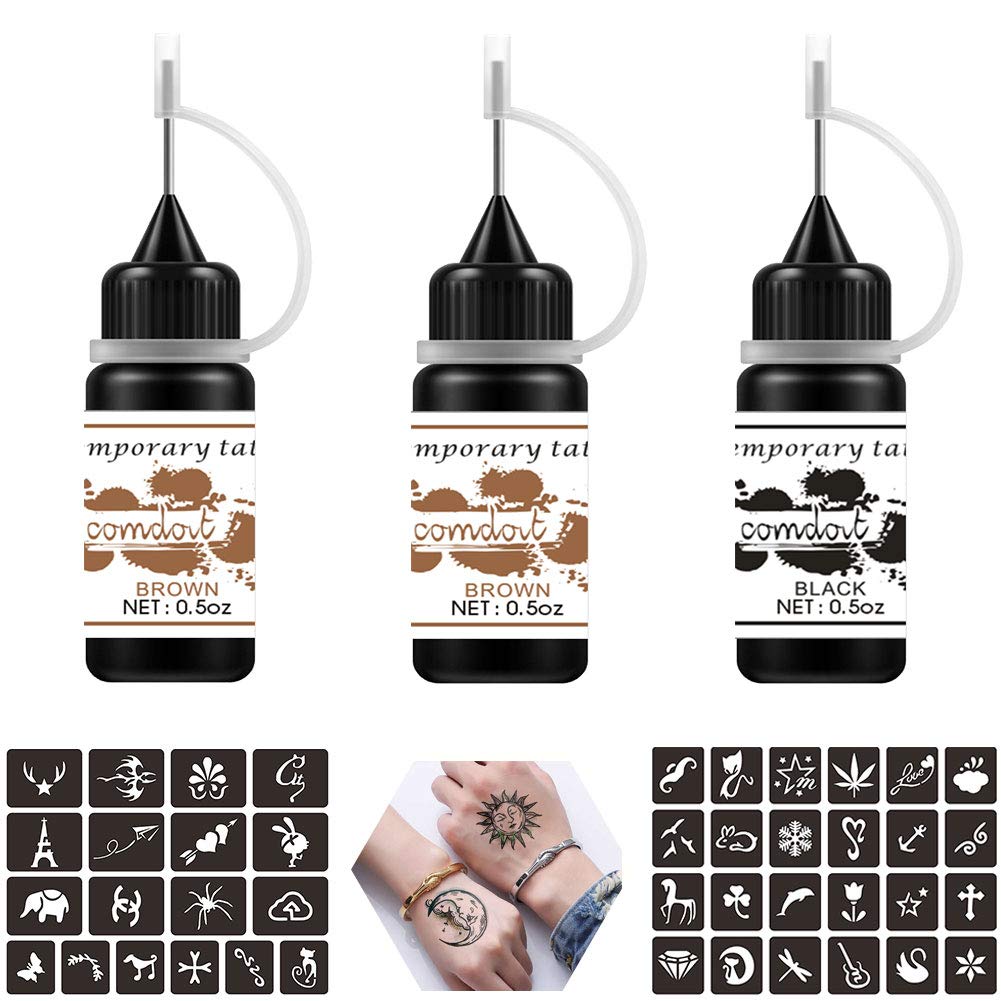Comdoit Temporary Tattoos Kit Jagua Gel Black Brown Tattoos Semi Permanent Tattoo Freehand Ink 35 Pcs Cute Tattoos Stencils DIY Tattoos Fake Freckles Temp Tattoos for Women Kids Men (3 Bottles)