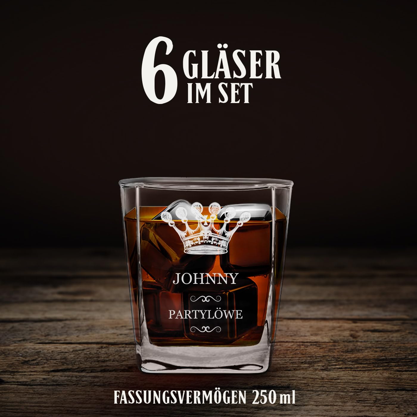 Maverton Cube Whiskykaraffe 810 ml + 6er Whiskygläser Set mit Gravur