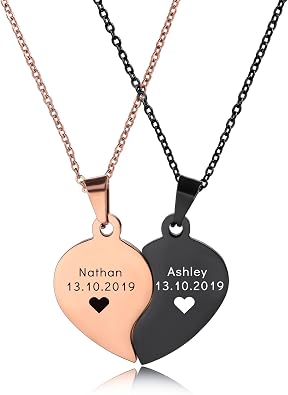 Customized Heart Necklace for Men Women Personalized Heart Puzzle Matching Necklace for Couples Stainless Steel Custom Engraving Name/Date Heart Pendant Necklace Set with Birthstones