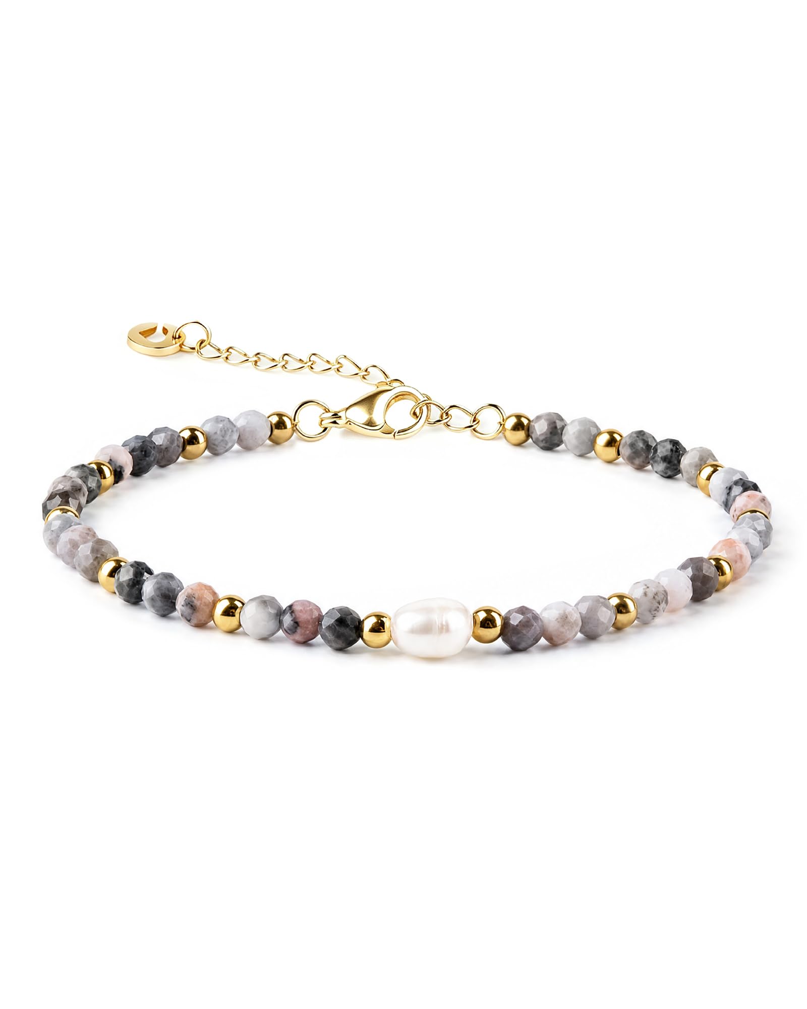 RUBY Edelstein Armband Damen 3mm mit Süßwasserperle, facettiertes Naturstein Perlenarmband, Edelstahl & 14K vergoldet, verstellbar 16,5+3 cm, in Holzbox, Geschenk für Frauen