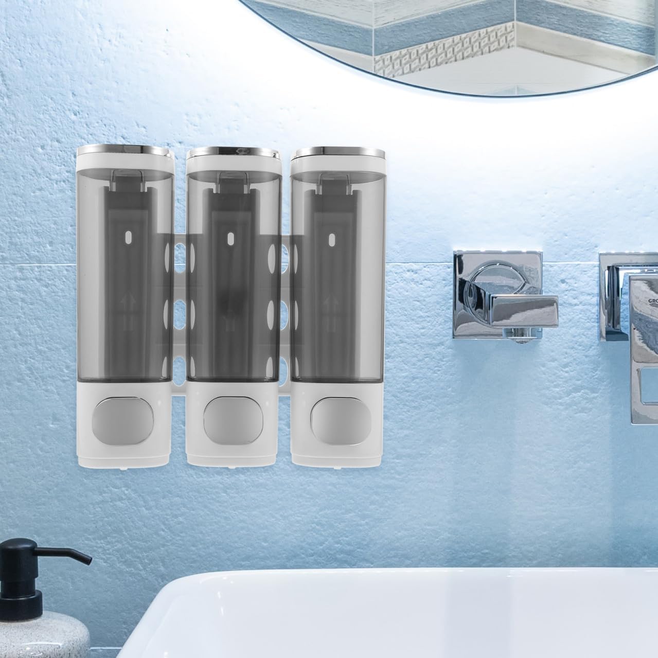 Wall-Mount Soap Dispenser for Shower 3-Chamber Manual Liquid Soap Holder Electroplated White Bathroom Shampoo Conditioner Dispenser Holder