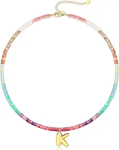 Beaded Initial Necklaces for Women Teen Girl Gifts Trendy Stuff Colorful Gemstone Choker Necklace with Bubble A-Z Stocking Stuffers for Teens Christmas Gifts for Her Birthday Summer Beach Jewelry for Daughter Sister Friend