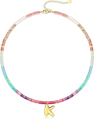 Beaded Initial Necklaces for Women Teen Girl Gifts Trendy Stuff Colorful Gemstone Choker Necklace with Bubble A-Z Stocking Stuffers for Teens Christmas Gifts for Her Birthday Summer Beach Jewelry for Daughter Sister Friend