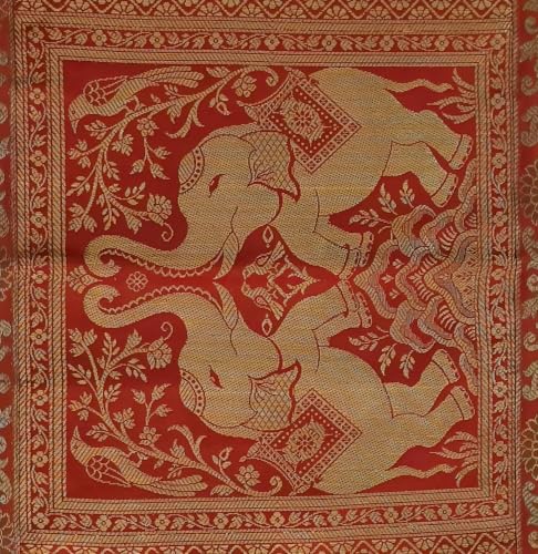 Image of Decorative Handmade Silk Table Runner Golen Brocade Dinning Table & Centre Table Top Decor Rectangular Runners Bed Runners Table Cloth for Wedding (152 X 40 CM ) (Orange Elephant)