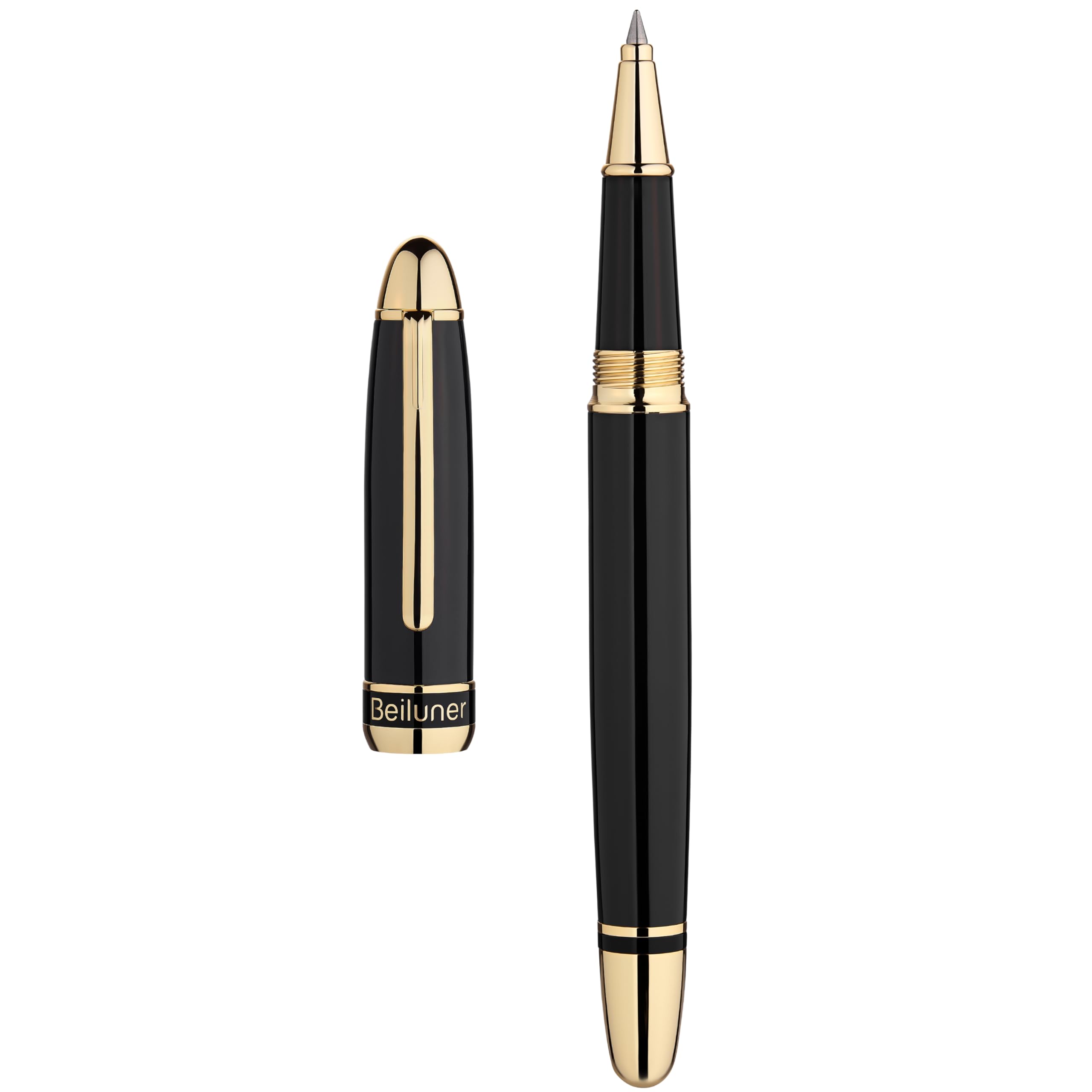 BEILUNER 315 Stylo Bille Roller de Luxe, Finition Or 24K Premium et Laqué Piano Élégant, Set Cadeau Cadre pour Professionnels et Diplômés, Stylo Bureau Raffiné - Noir & Or