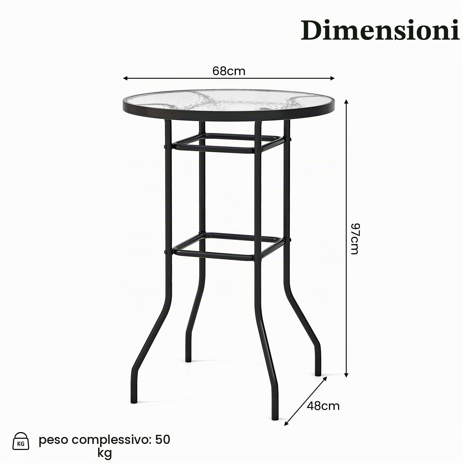 KOMFOTTEU Tavolo Bar Alto in Vetro Temperato, Ø 68 cm, Alt. 97 cm | Bancone Bar da Casa per Bistrot, Penisola Cucina Struttura in Metallo, Tavolino Stretto, Nero