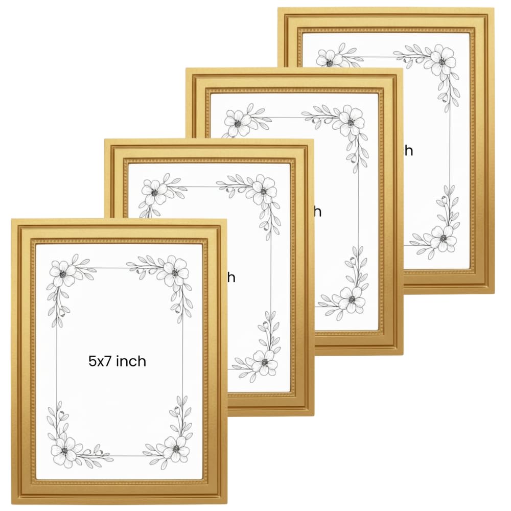 Concepts Gold ( Pack Of 4 ) Pack Of 4-5X7 Gold Micro Bead Resin Photo Frame | Minimalist Beaded Edge Decorative Frame For Photos & Artwork