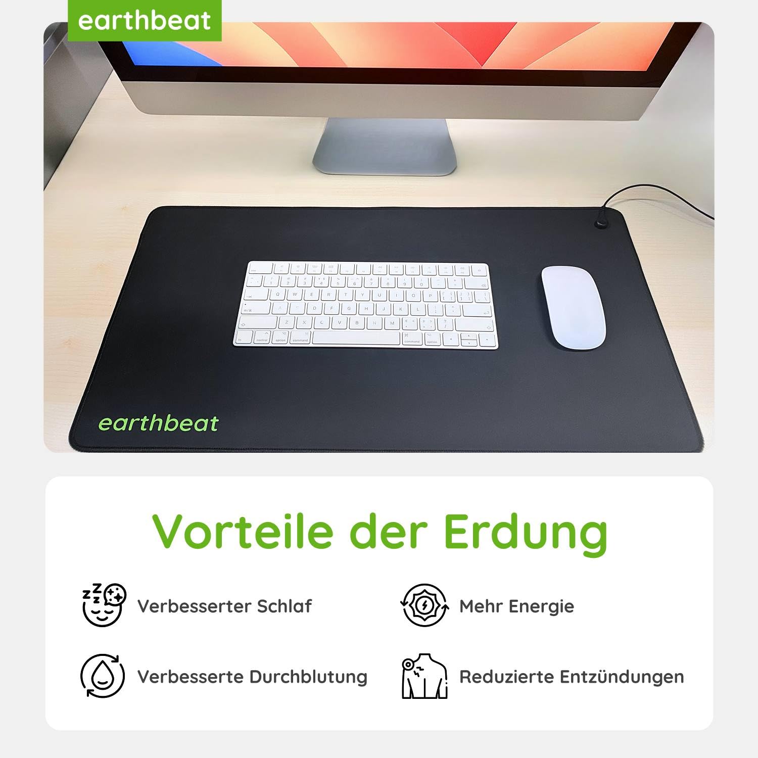 earthbeat Classic Erdungsmatte. Inklusive Schweizer Adapter. Kostenloses Grounding-Testkit. Natürliche Therapie für Schlafqualität, Wellness und Entzündungshemmung. Leitfähiges veganes Leder. 33×60 cm