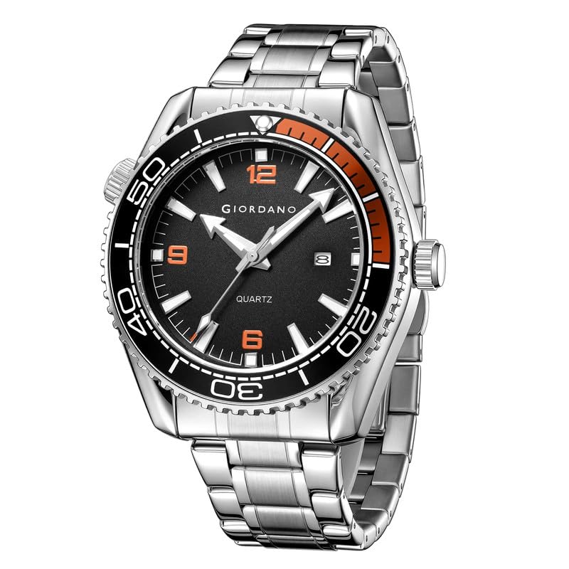 Image of GIORDANO Analog Quartz Watch for Men - Round Dial with Rotating Bezel, Luminous Hour Markers, Silicone & Stainless Steel Strap, Date Display