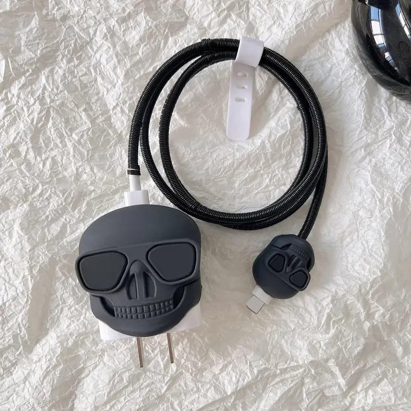 Image of Cable Protector with Protective Case for iPhone Charger18W & 20W Charger Cover|Full 3DProtection|Protection Sleeve Cord Saver for Cable & Adapter|360Protection Set of-1 (Skull-Black)