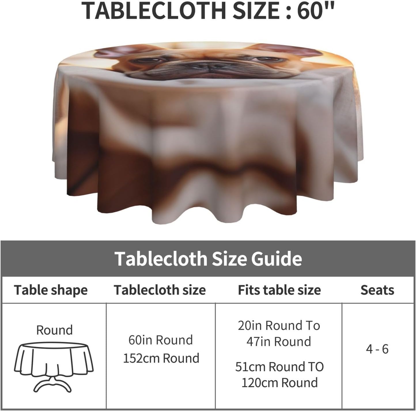 Animal Dog French bulldog2 Print Wrinkle Free Dining Table Cover for Birthday Party Farmhouse Tablecloths Up to 60 x 60 Inches
