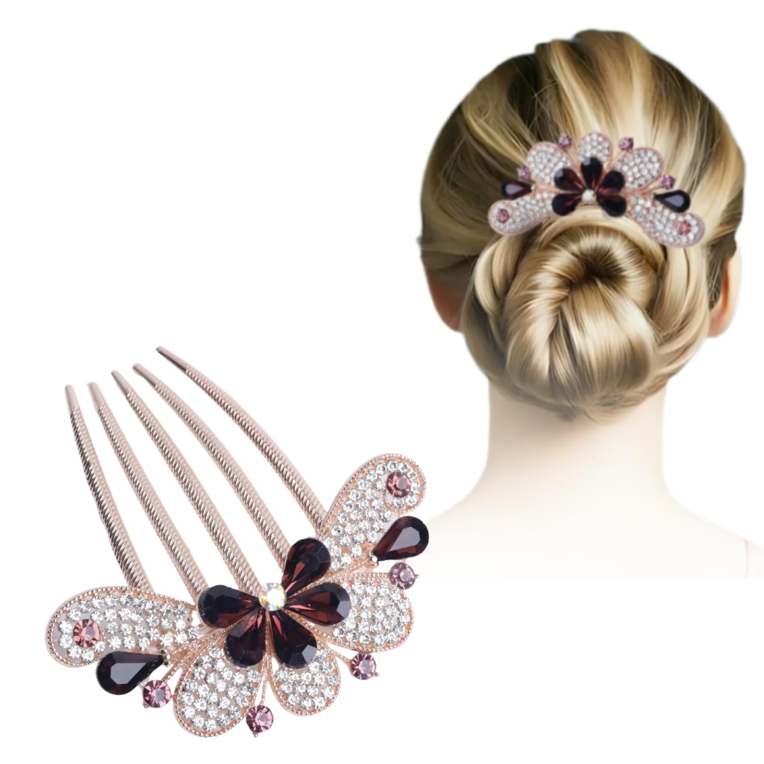 ANNA CREATIONS 1 Pc Rhinestones Hair Comb Elegant Flower Hair Comb Vintage Bling Hair Combs Shining Floral Hair Side Comb Fashion Hair Styling Tools Hair Jewelry for Women Girls Bridal Wedding (PEACOCK PINK)