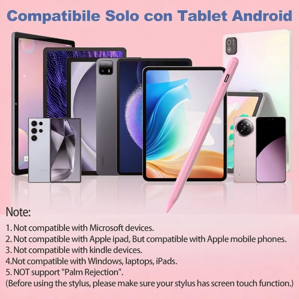 KARFUN Penna Tablet per Touch Screen Android,Compatibile con Samsung/Lenovo/Huawei/Vivo/XiaoMi Tablet,Telefono,Precisione Migliorata e Ricarica rapida Rosa