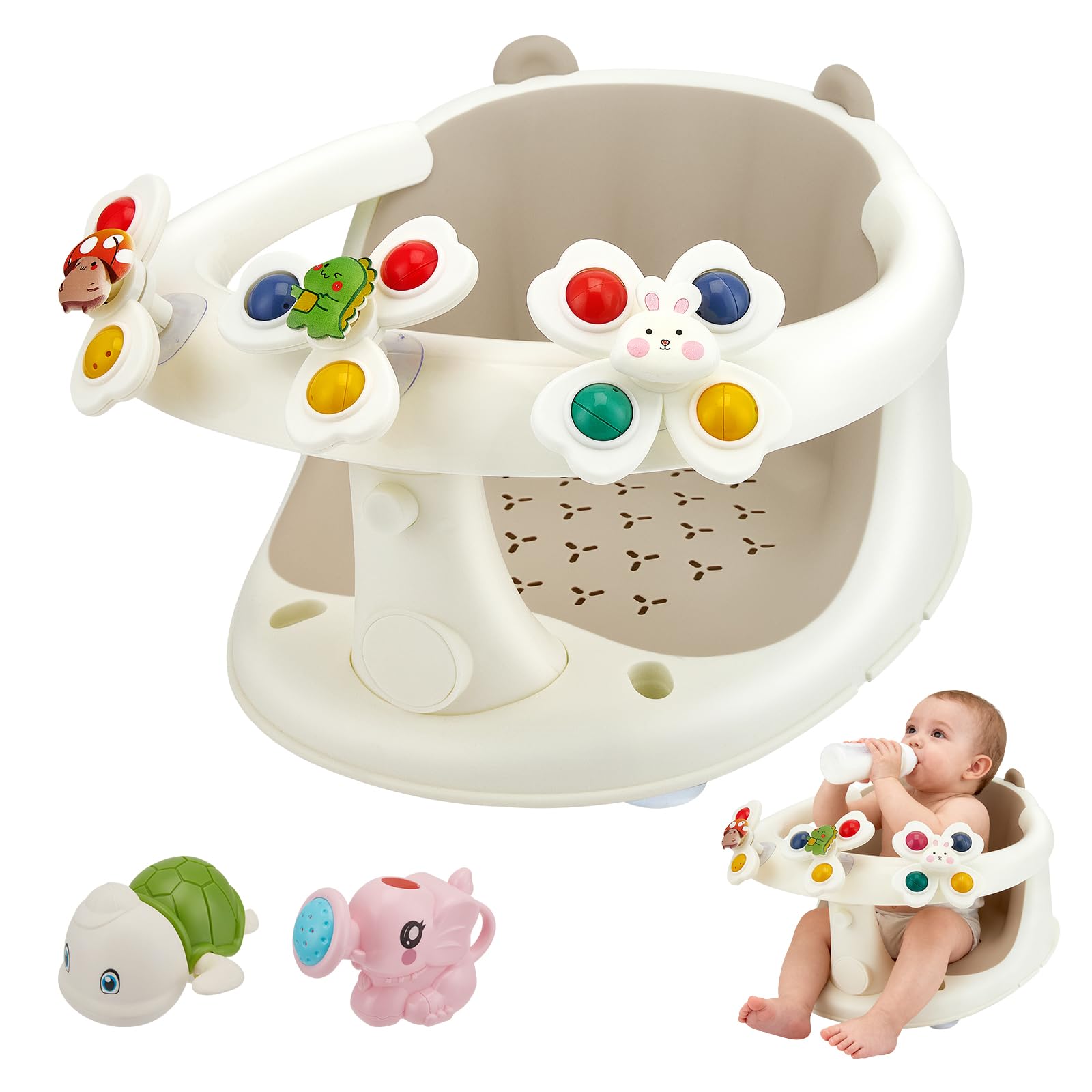 Asiento de baño para bebés a partir de 6 meses, asiento de bañera con 4 ventosas fuertes, respaldo ergonómico