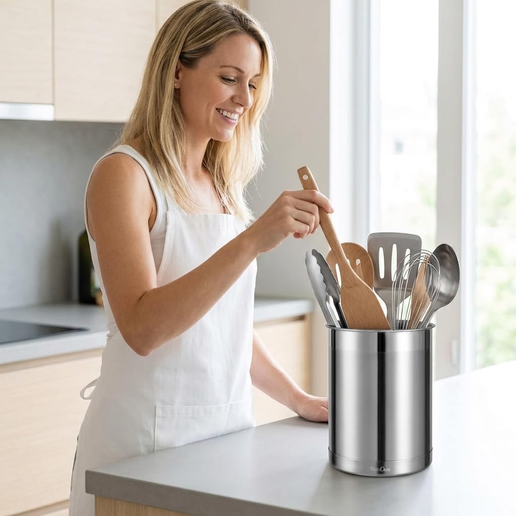 KSENDALO Utensil Holder Stainless Steel 6.3inch Deep, Silver