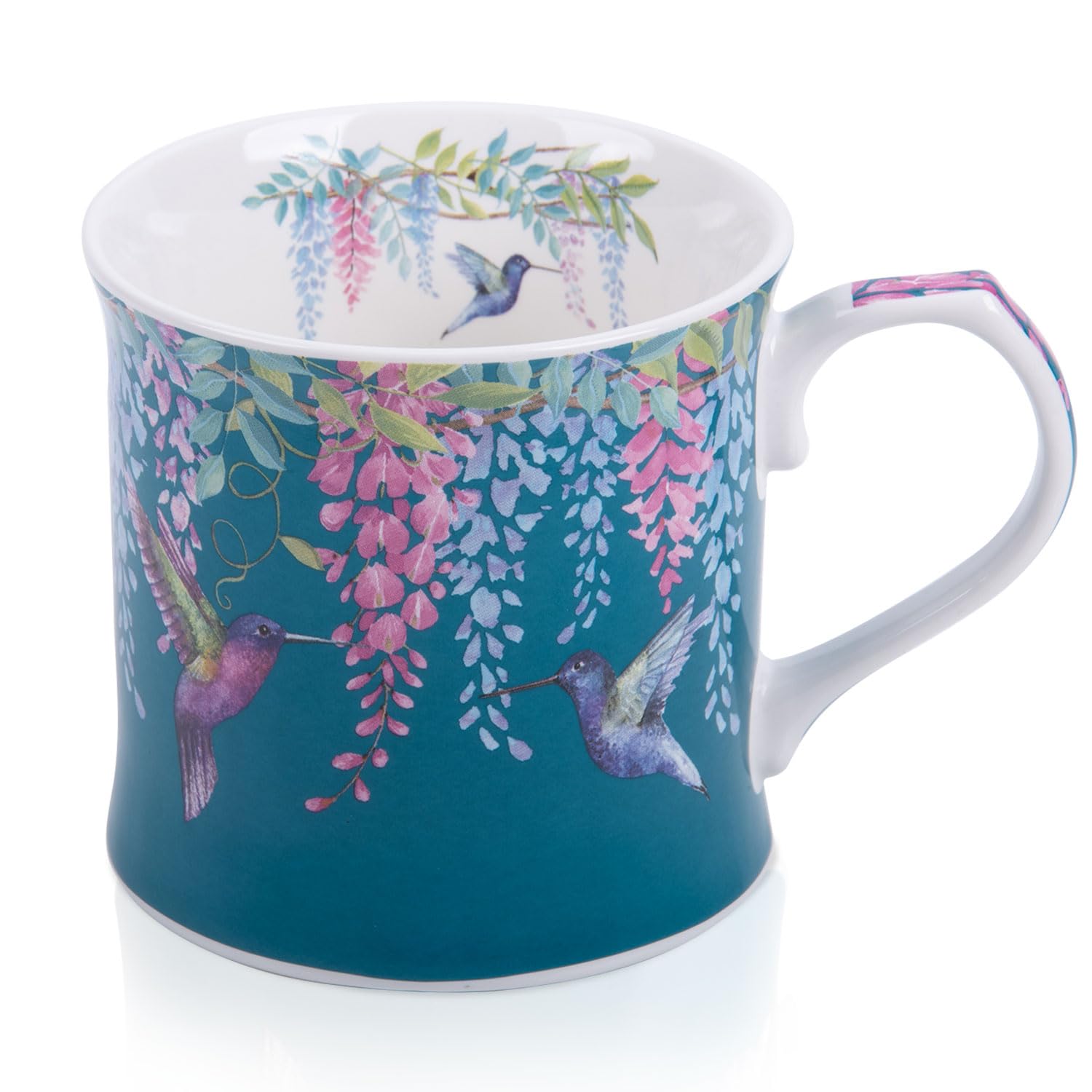 Spring Hummingbird Floral Coffee Mug, 12oz Dark Teal Ceramic Mug with Wisteria and Fluttering Hummingbird, Elegant Gift Mug for Mom, Women &amp; Bird Lovers, Designed in England by Harvest Green Studio