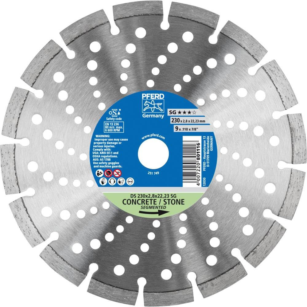 Pferd Disco de Corte de Diamante 230 millimeters, Ds 230 x 2,8 x 22,23 Sg, para Corte Rápido de Hormigón, Piedra y Ladrillo, Alto Rendimiento