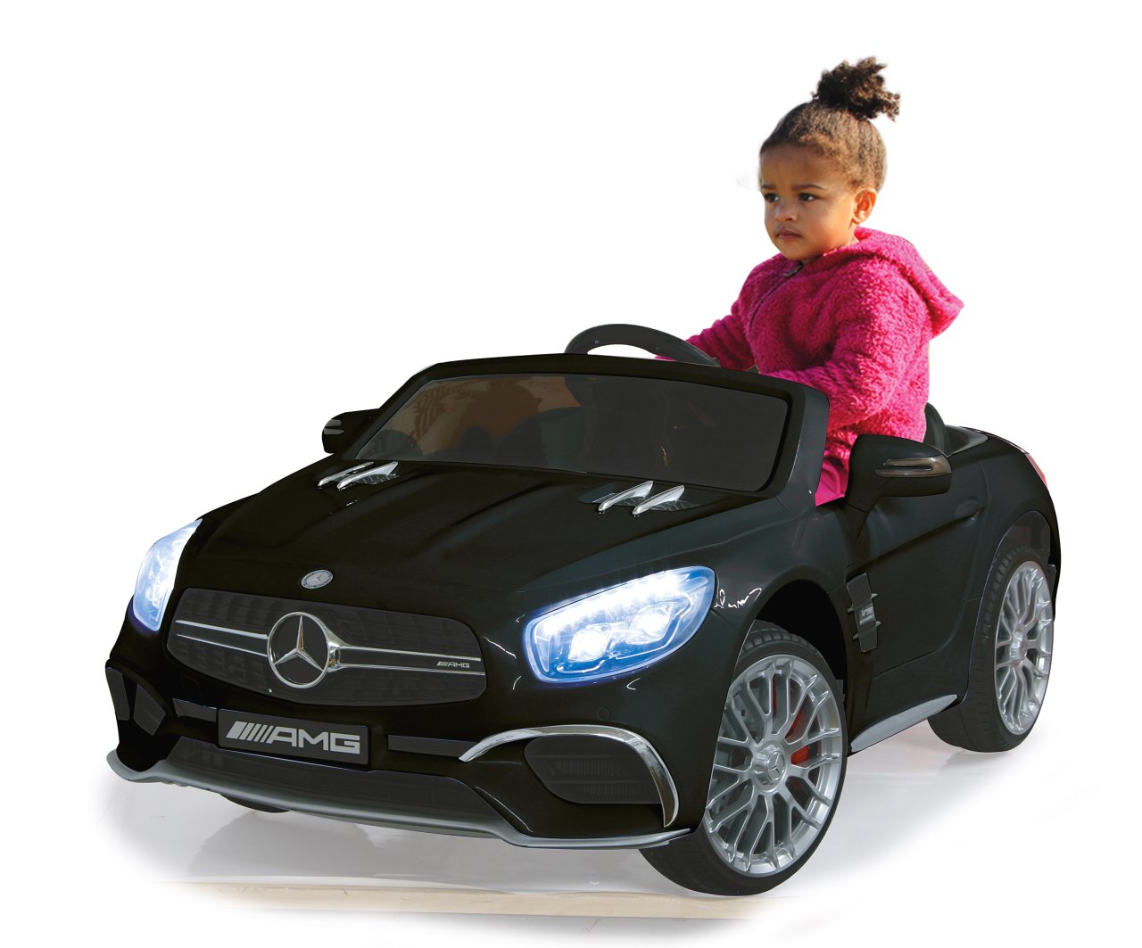 Jamara 460295 – Mercedes SL65 czarny 12 V – miękki start, 2-biegowy, gumowy pasek o ultra chwycie, amortyzator, port AUX i USB, LED, 2 mocne silniki napędowe i akumulator zapewniający długi czas jazdy