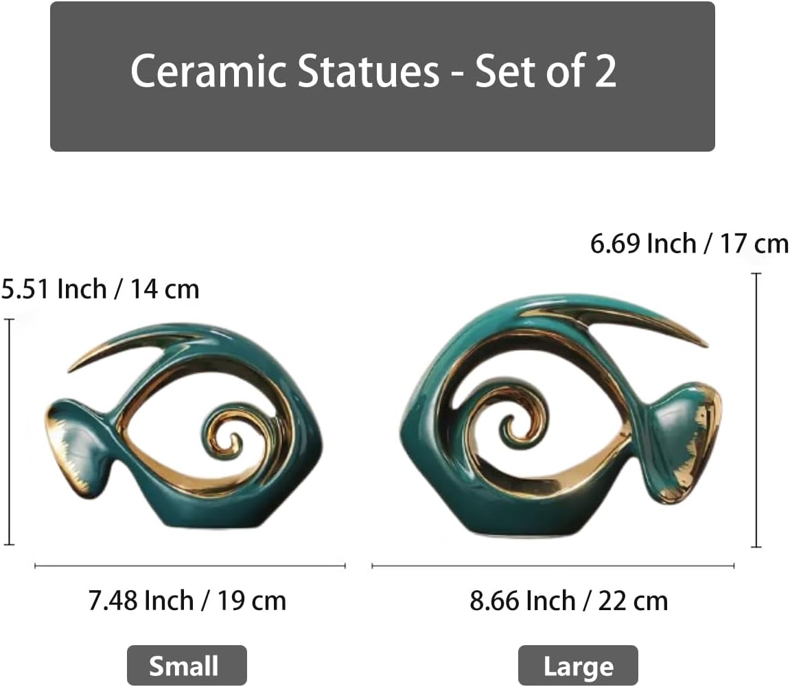 Ceramic Statues Angelfish Home Decor Modern Style Figurine Green and Gold Decorative Ornaments for Living Room, Table Centerpiece, Kitchen, Office Desktop, Shelf, Entryway Decoration