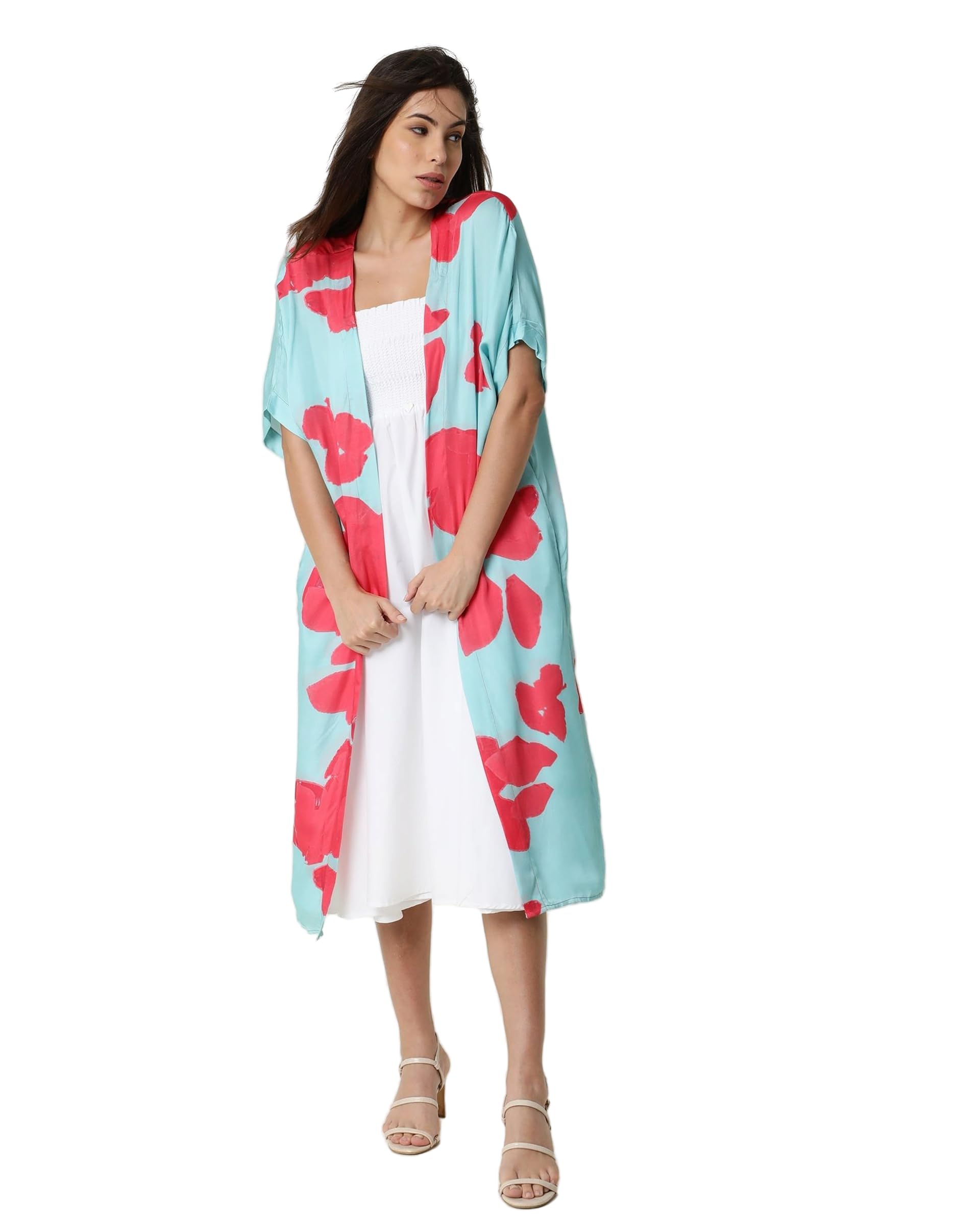 rareism Women Relaxed Floral Blue Cotton Collarless Kimono Sleeve Shrug-picture-28