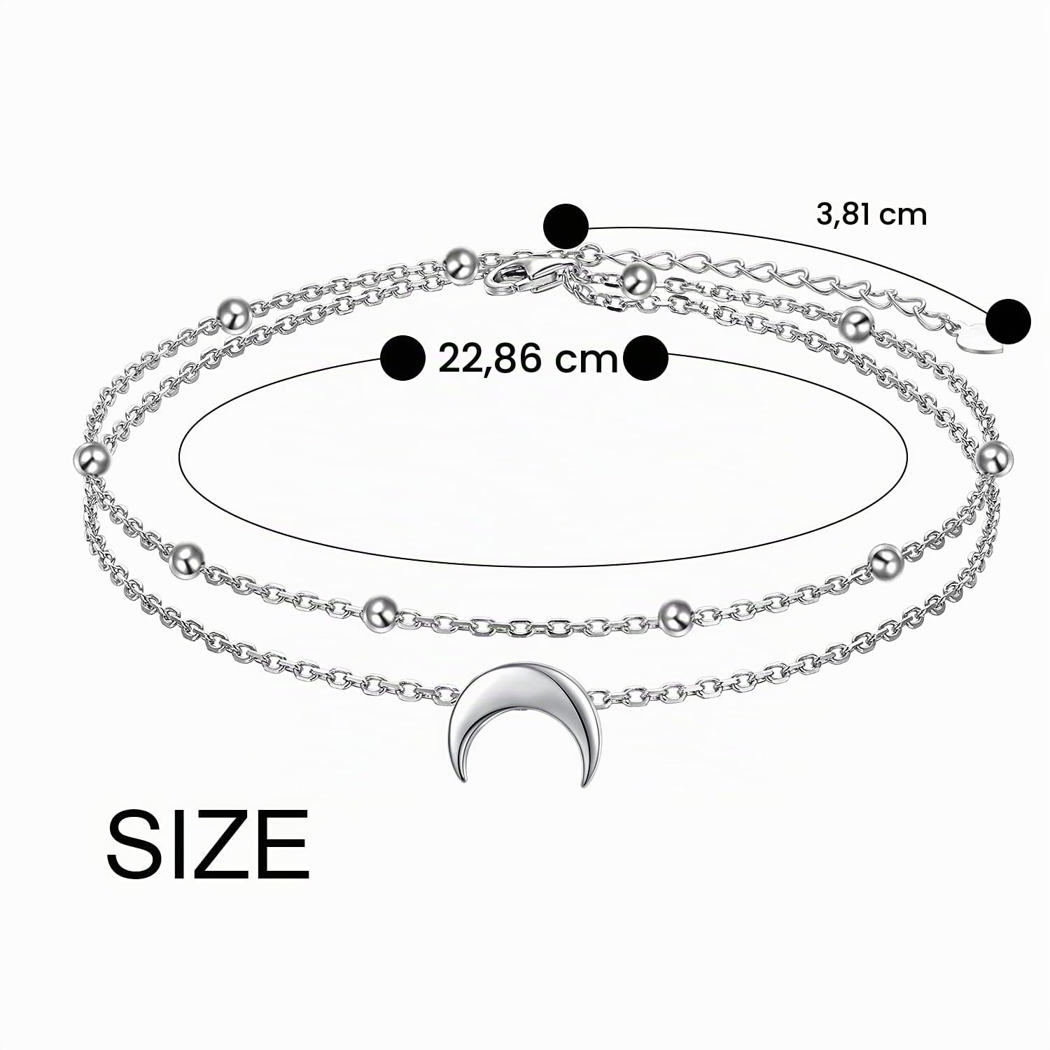 Flyow Moon Layered Fußkettchen 925 Sterling Silber für Damen Mädchen Einstellbare Perlen Halbmond Knöchel Armband Boho Strand Fuß Kette 9+1,5 Zoll Charme Schmuck