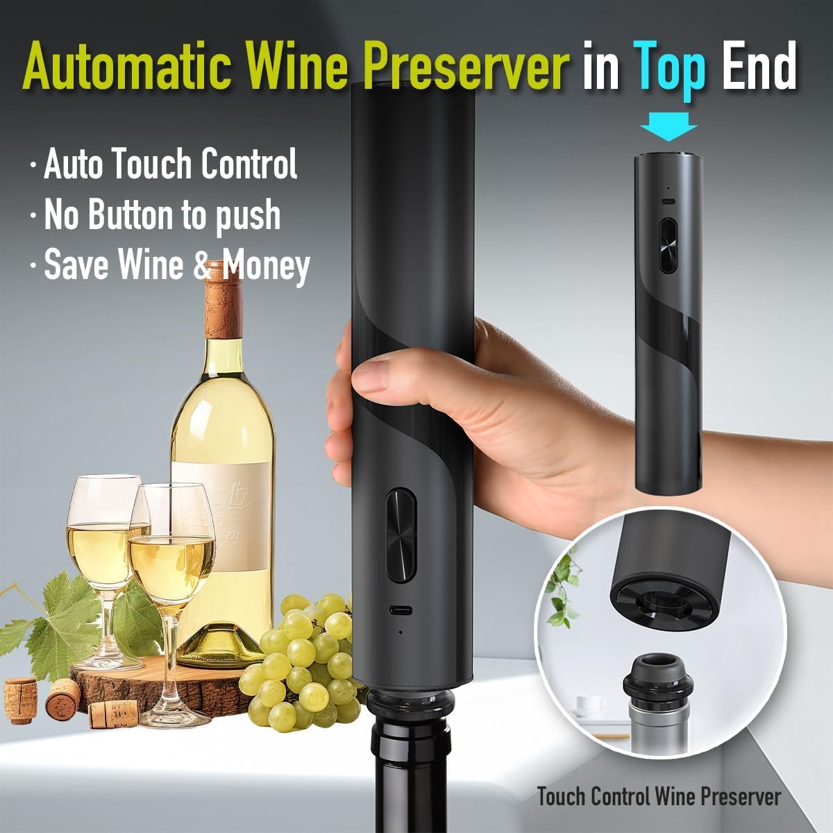 Abridor de vino eléctrico 6 en 1 con base de carga, parte inferior de sacacorchos automático + tapa automática de ahorro de vino | Regalo perfecto para vino