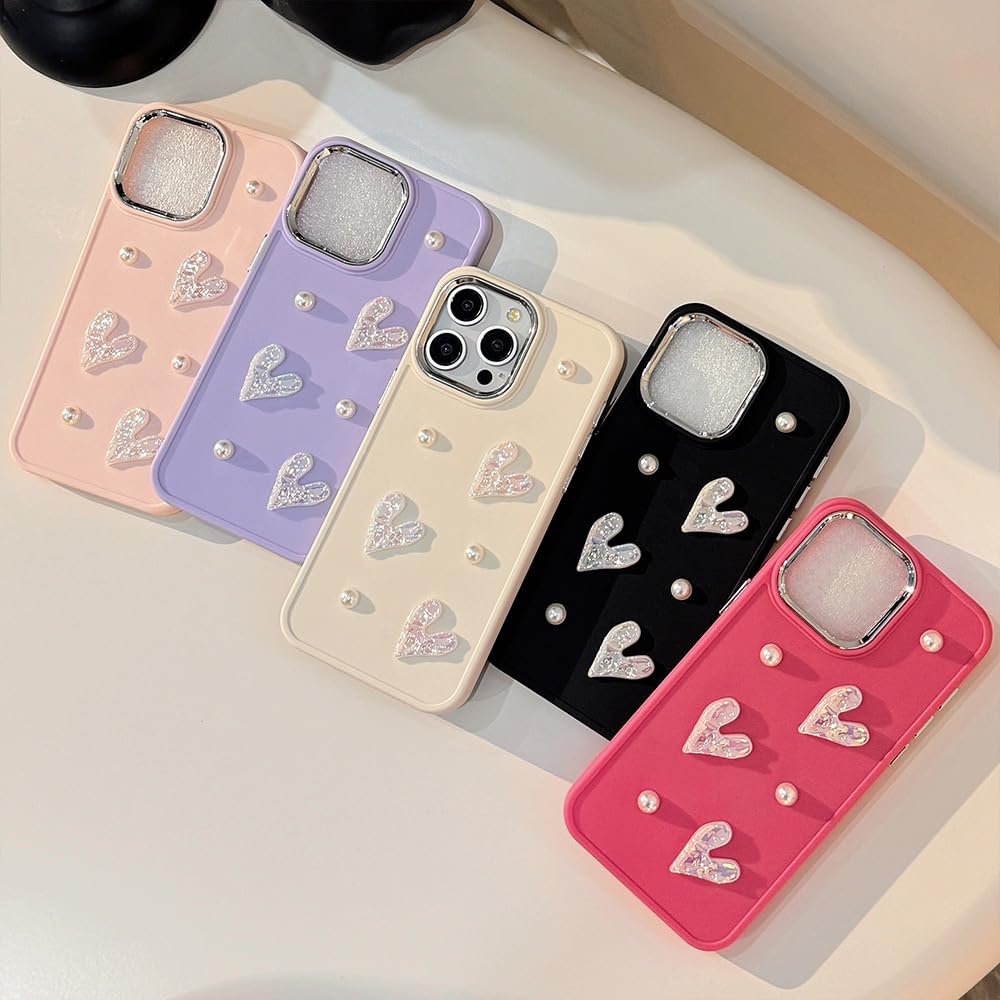 LSOUGUK Compatible with iPhone 13/iPhone 14 Case for Girls Women,Cute 3D Love Heart Pearl Design Protection Case Slim Soft TPU Shockproof Protective Cover for iPhone 13/14-Purple - Image 3