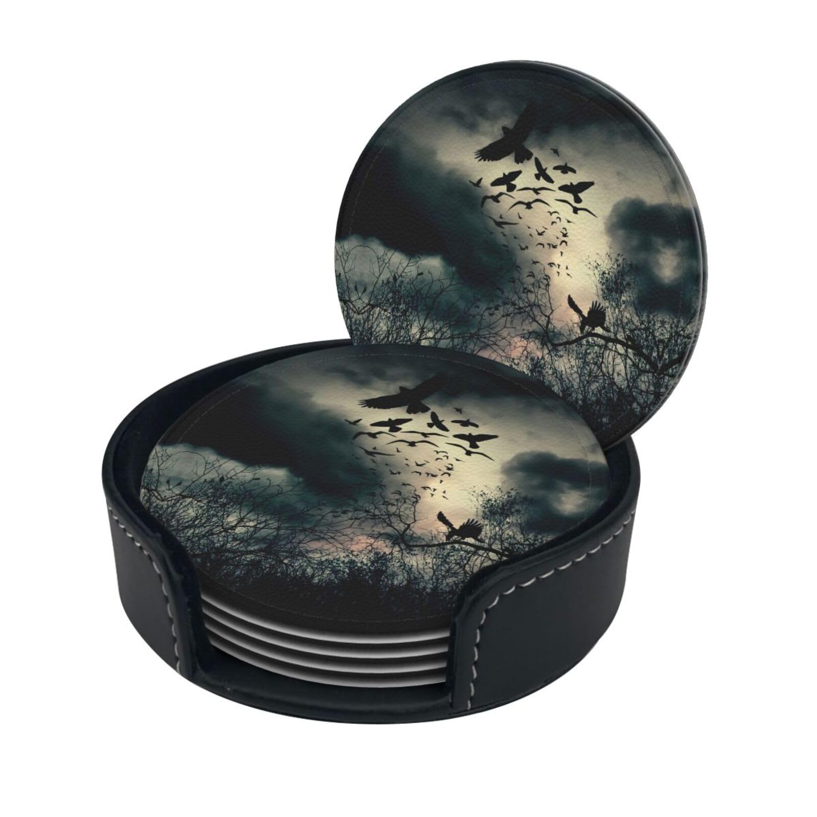 Night Crow Print Coaster With Storage Box For Home, Office, And Restaurant Use