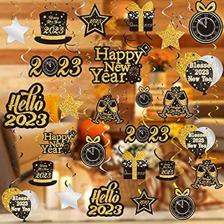 30 Pcs Happy New Year Hanging Foil Swirl Decorations 2023 New Year Eve Hanging Swirls Ceiling Decorations Black Gold New Years Hanging Decor for Indoor Outdoor Holiday Party Supplies(Blessed 2022)
