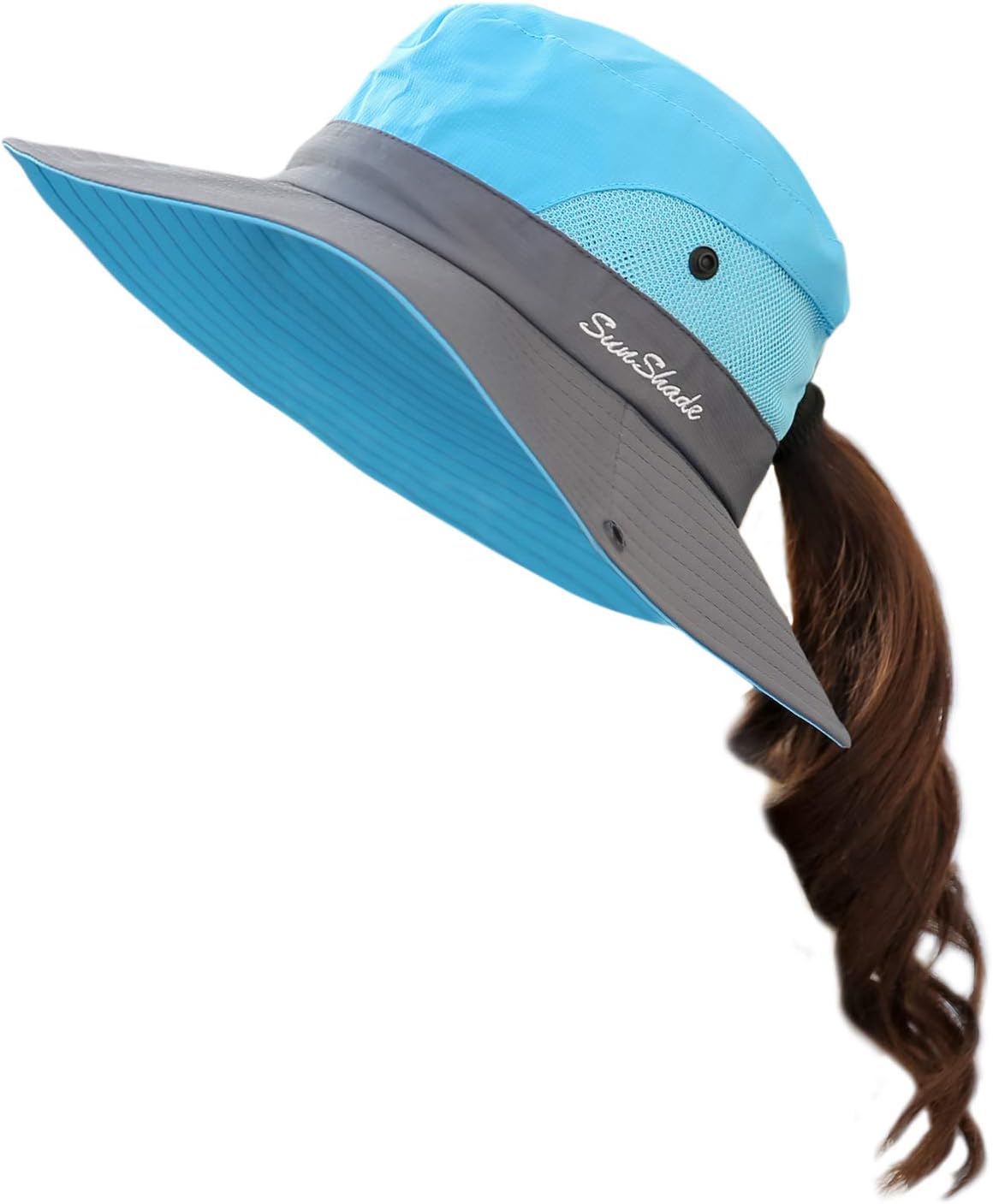 Women's Ponytail Sun Hat UV Protection Foldable Mesh Wide Brim Beach Fishing Hat