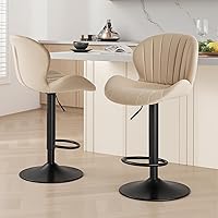 Sweetcrispy Set of 2 Beige Adjustable Swivel Bar Stools, Counter Height Fabric Upholstered with Backrest for Kitchen Island Bar