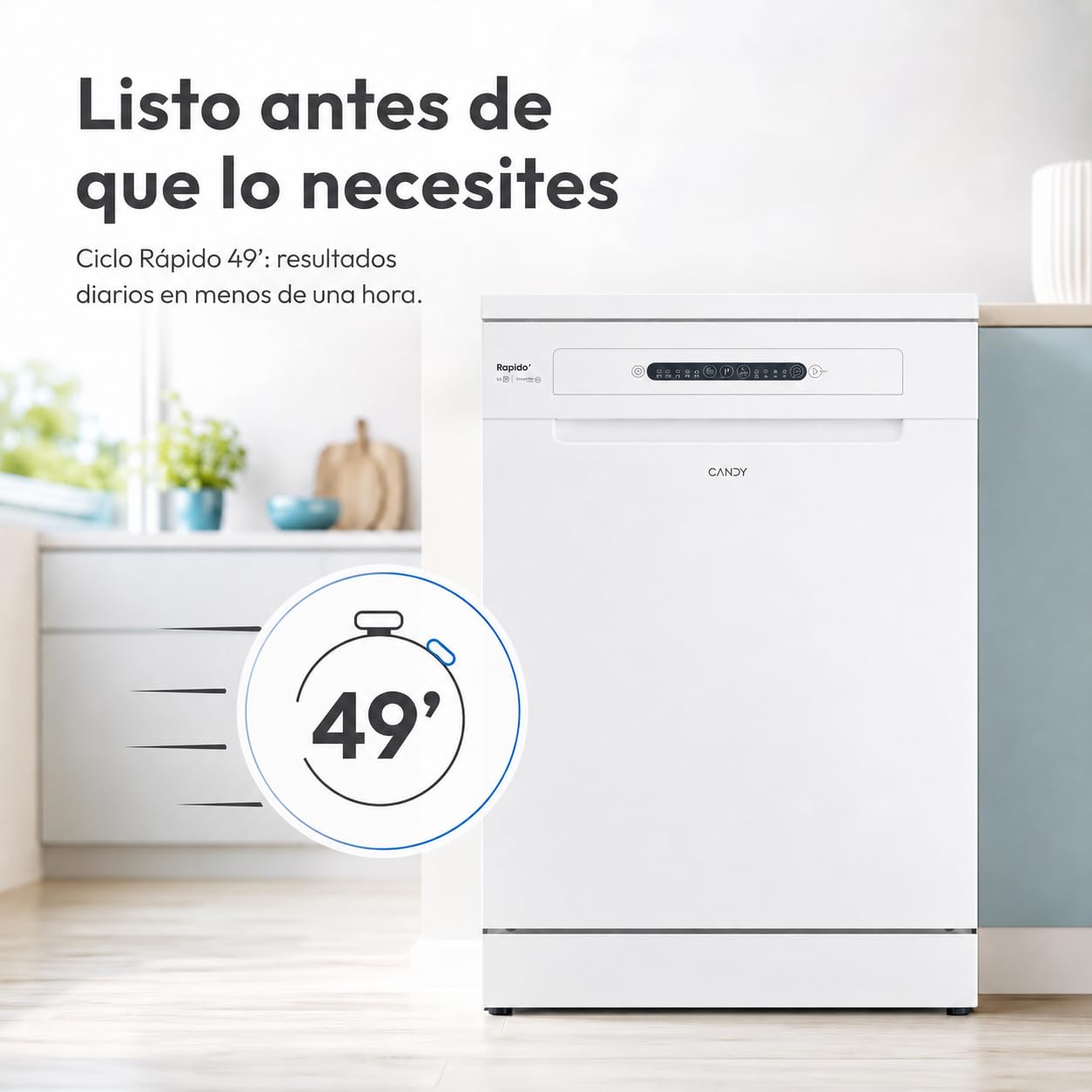Candy Rapidò CF 3E7E0W Lavavajillas 60 CM, 13 Servicios, Secado por Condensación, 5 Programas, Cesta para Utensilios Grandes, Inicio Diferido 3-6-9 H, Indicador de Sal, 47DB, Blanco
