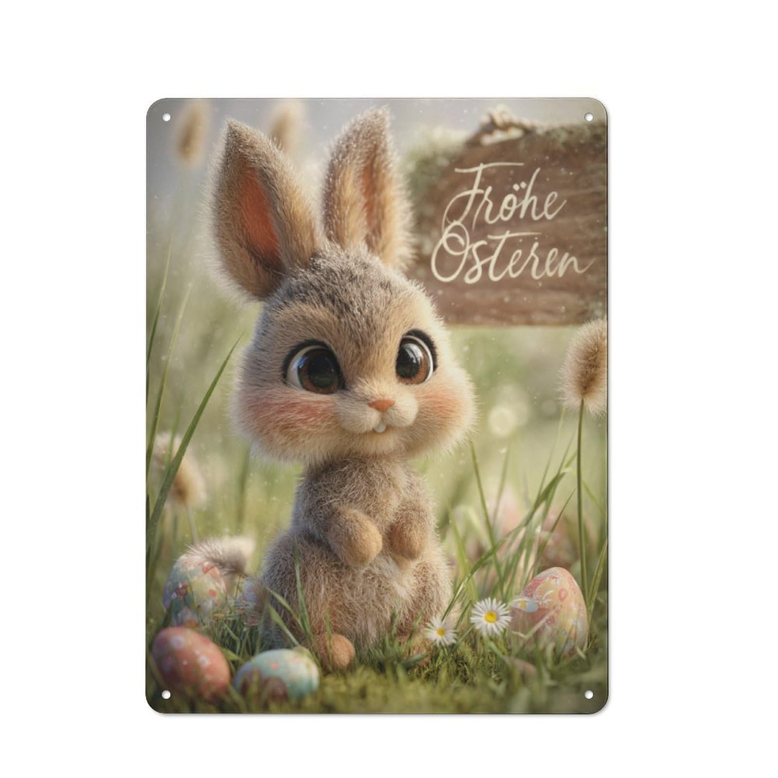 Happy Easter Bunny with Eggs Loft Style Metal Wall Decor 40x30cm, Decorative Metal Plaque for Loft, Studio, Office Or Creative Room