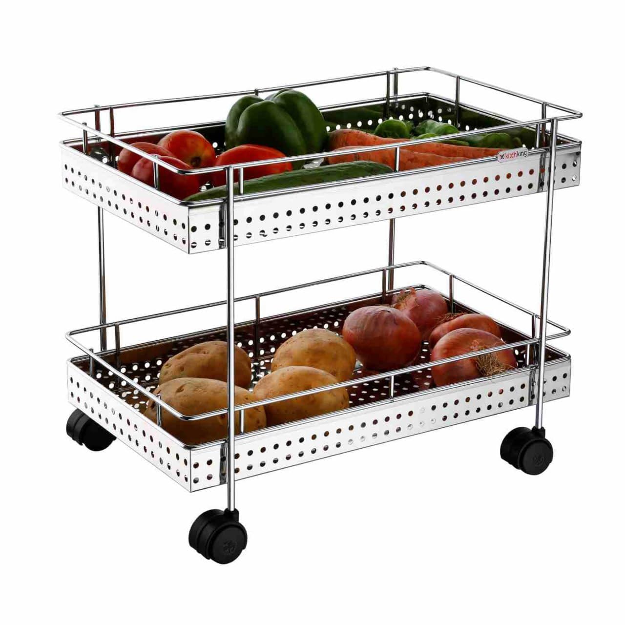 2-Tier Stainless Steel Perforated Kitchen Trolley Basket Rack Rustproof Fruits & Vegetable Storage Stand with Wheels | Multipurpose Onion Potato Organizer for Kitchen, Pantry & Dining Space-image-35