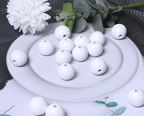 Miniatura 4 de Cuentas de madera blanca de 0.984 in, perlas sueltas pintadas lisas espaciadoras para granjas artesanías, 50 unidades (agujero de 0.177 in)