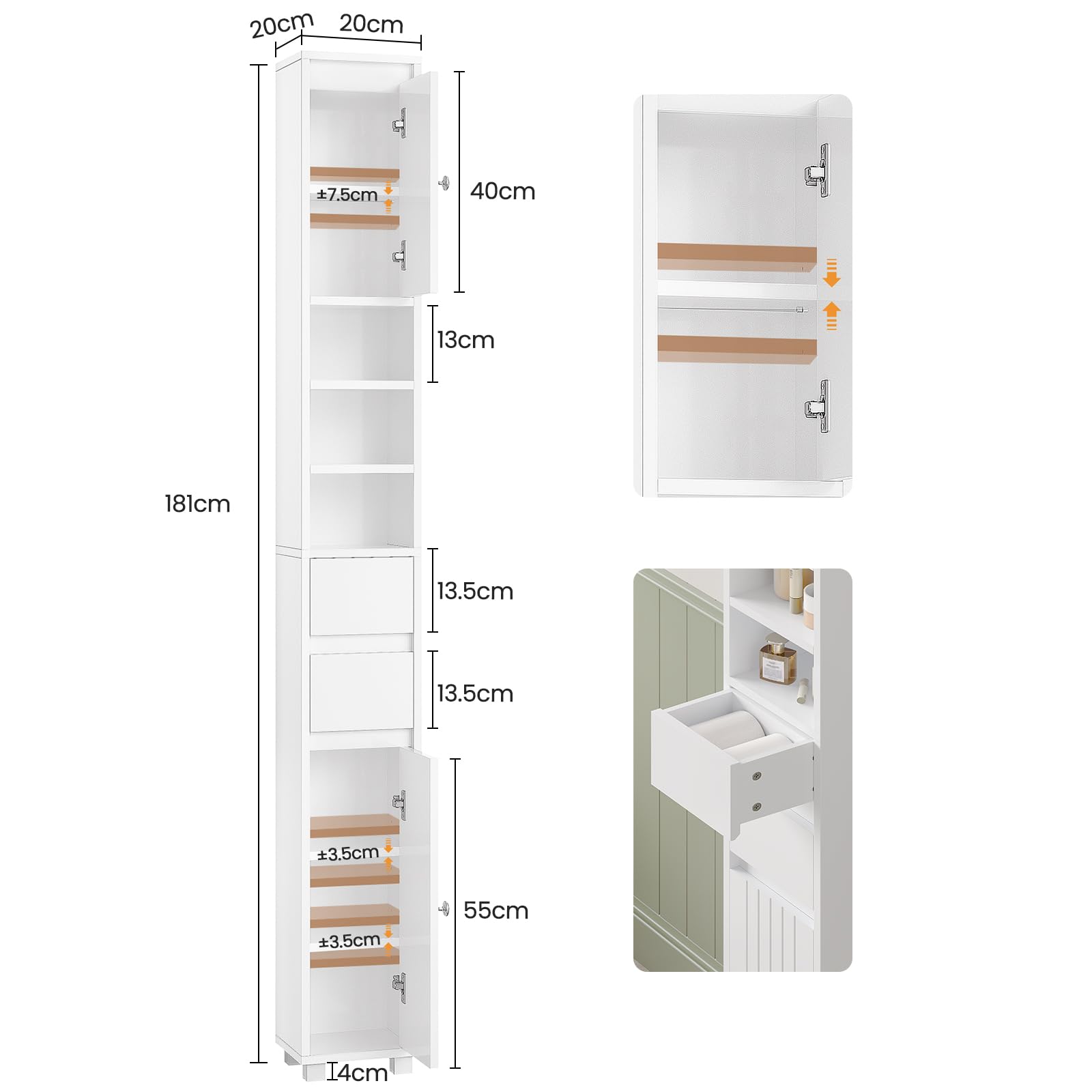 Meuble Colonne de Salle de Bain, Meuble de Rangement avec Étagères Réglables, 2 Tiroirs, Compartiments Ouverts, Armoire Toilette Haute pour Les Petits Espaces, Blanc, 20 x 20 x 180 cm