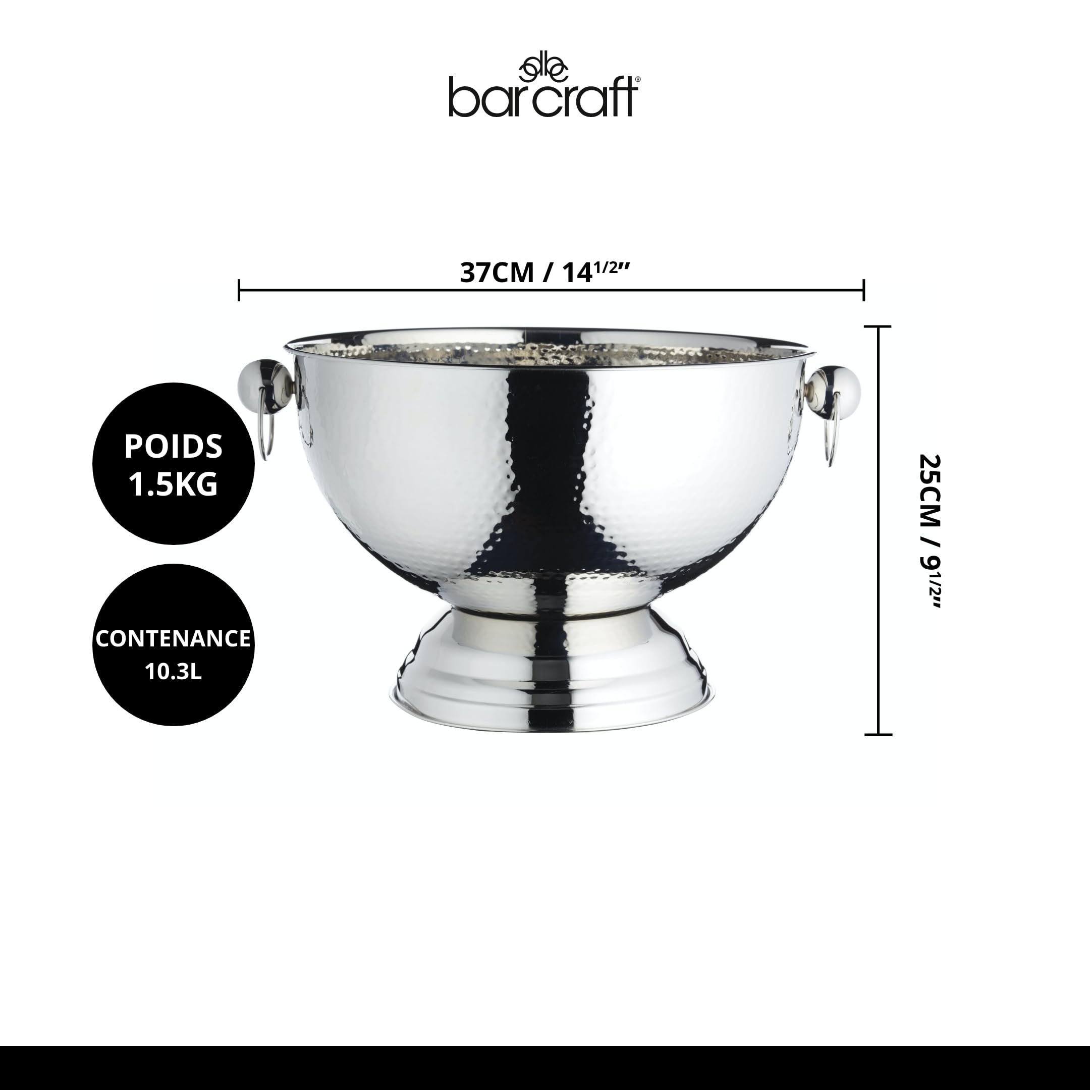 Barcraft Seau À Champagne En Acier Inoxydable Martelé, Refroidisseur De Bière, De Boissons Et De Vin, 37 X 25 cm, Étiqueté Cadeau, Silver