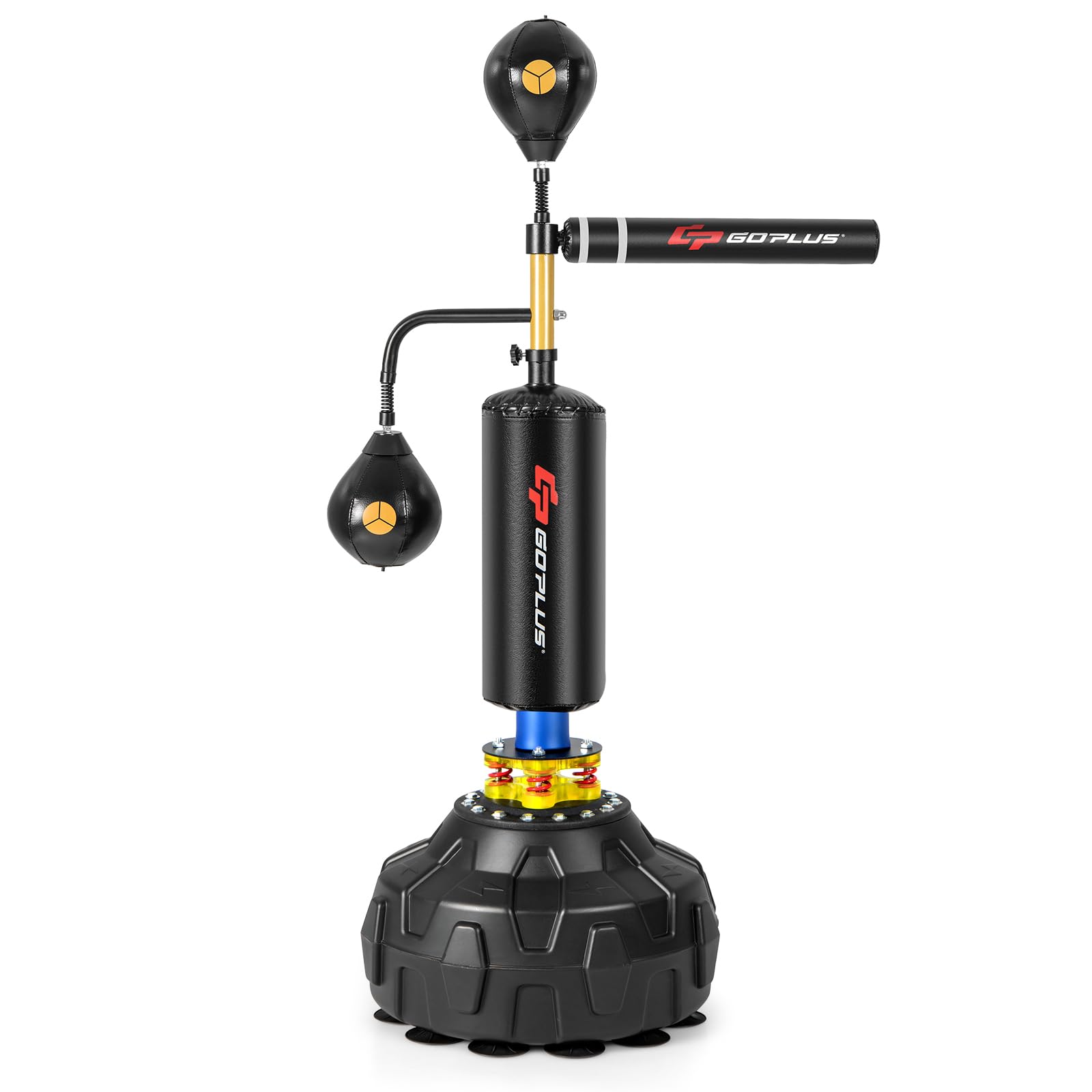 GOPLUS Saco de Boxeo de Pie Profesional, Entrenador de Velocidad de Boxeo con Soporte, 2 Peras de Velocidad, Barra Giratoria, Equipo de Fitness de Altura Ajustable, Base Rellenable para Adulto