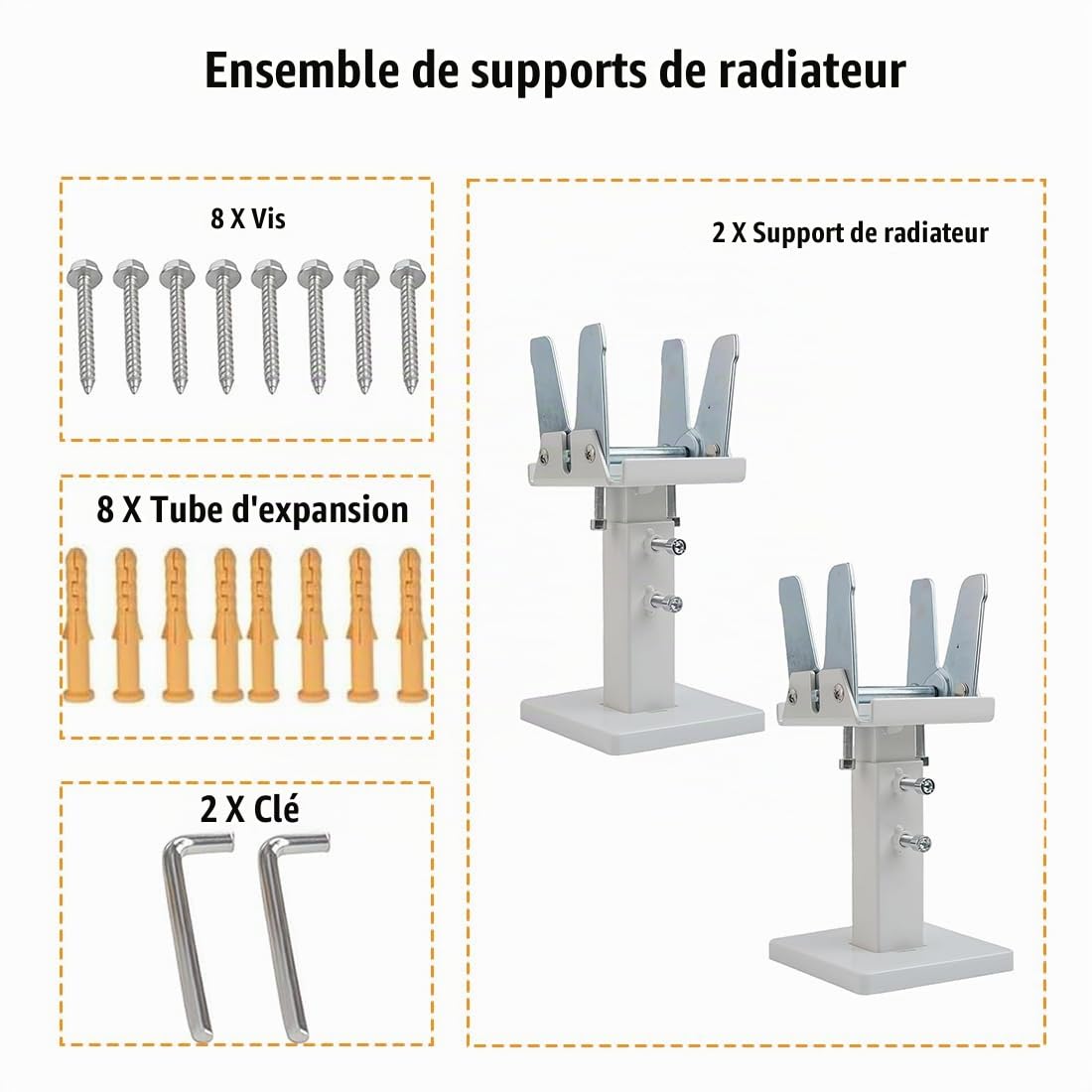 Lot de 2 supports de radiateur - Montage au sol - 14 à 21 cm - En acier réglable - Pieds de radiateur pour radiateurs à panneau - Blanc + argenté