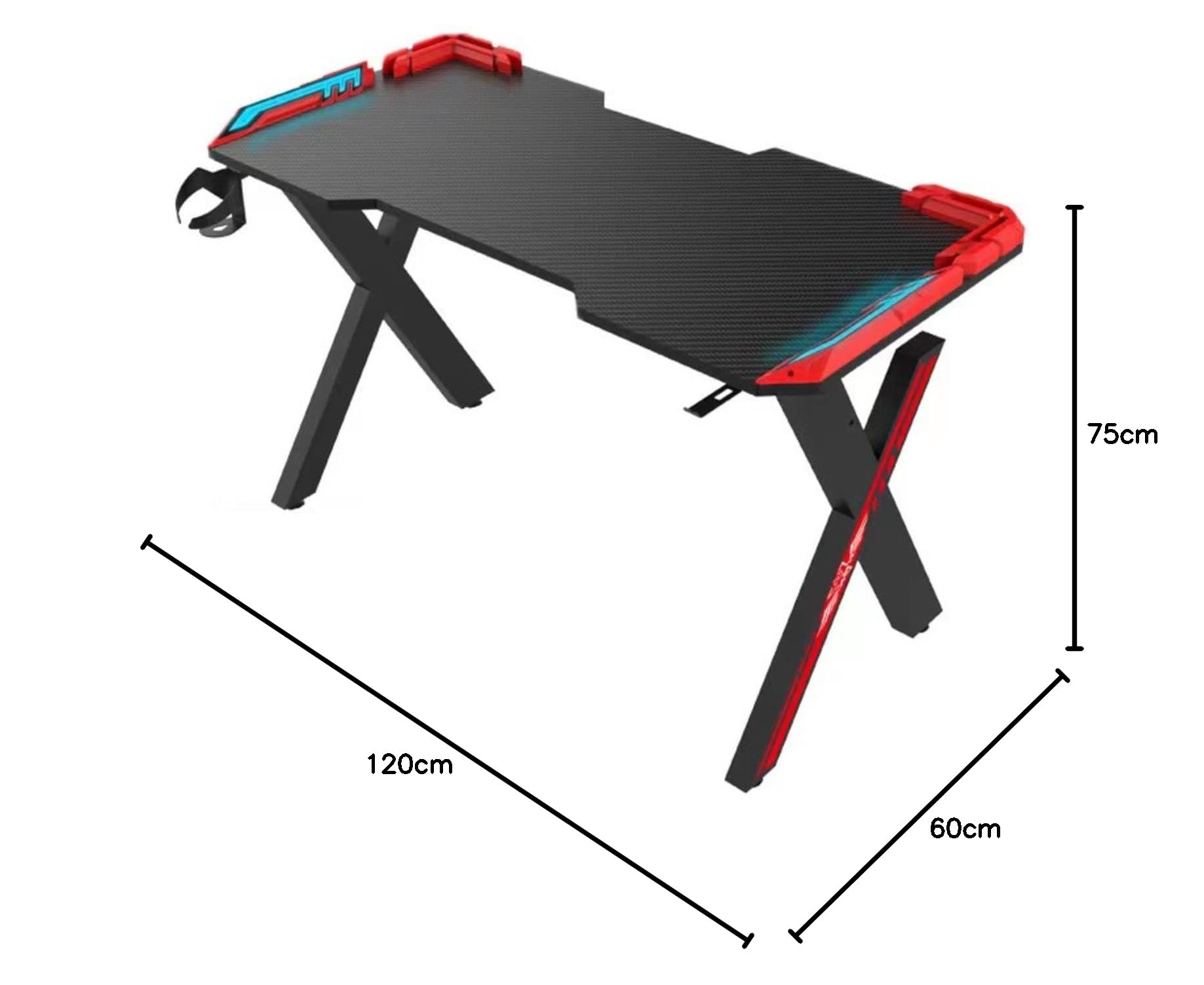 Brigros WeHome - Scrivania Gaming LED RGB, Scrivania Da Gioco Desk Per Laptop Pc, Tavolo Gioco, Scrivania Per Computer E Gaming In Mfc E Superfizie Effetto Fibra Di Carbonio (120x60x75 cm, Red)
