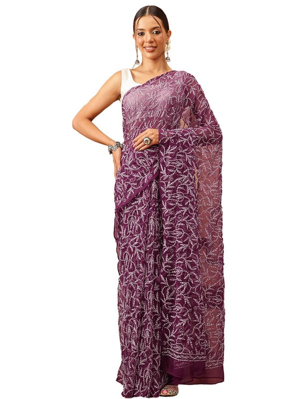 Image of Ada Hand Embroidered Lucknowi Chikankari Georgette Saree for Women with Unstitched Blouse Piece Tepchi Saree-3590