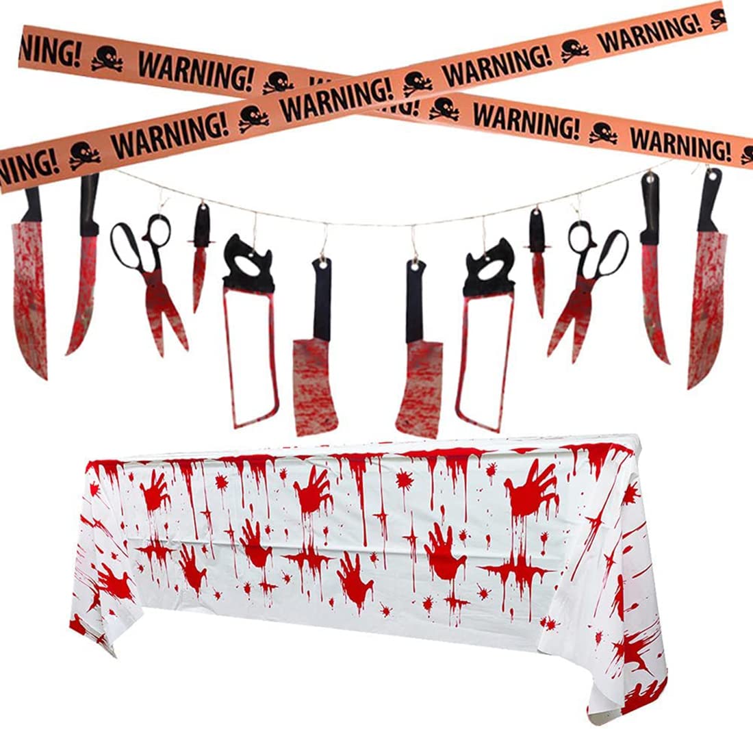 QA Bloody Halloween Decoration Set ,Scary Themed Halloween Party Supplies,Bloody Weapon Garland,Scary Tablecloth and Warning Tape,for Halloween Haunted House Party (One Size, White)