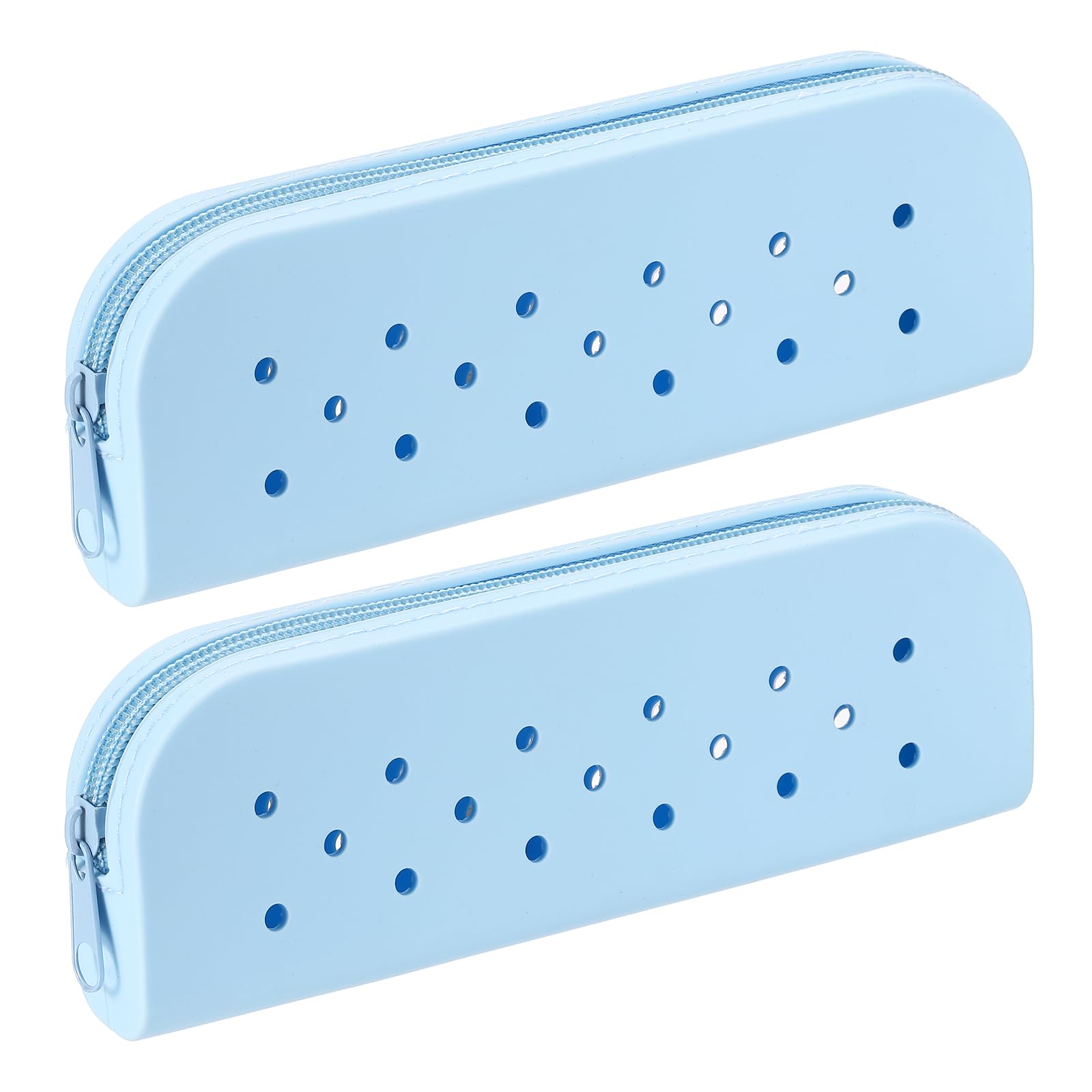 PATIKIL 2 Pack Silicone Pencil Pouch, Small Pencil Pouch Case with DIY Holes Cute Silicone Stationery Organizer for Office Travel Makeup, Light Blue