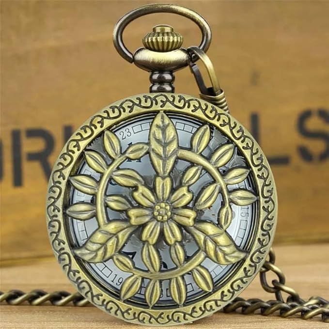Image of AUGEN Premium Pocket Watch Metal Keychain Flower 4 Retro Vintage for Gifting With Key Ring Anti-Rust (Pack Of 1)
