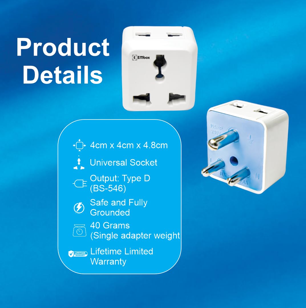 Embox 2 Pin Multi Plug Socket Type D Universal Adapter Compatible with US, UK, China Compact Plug Extension Socket and Converter for Computer Laptop Phone Camera, 6A Pack of 1 — Amazon image 5