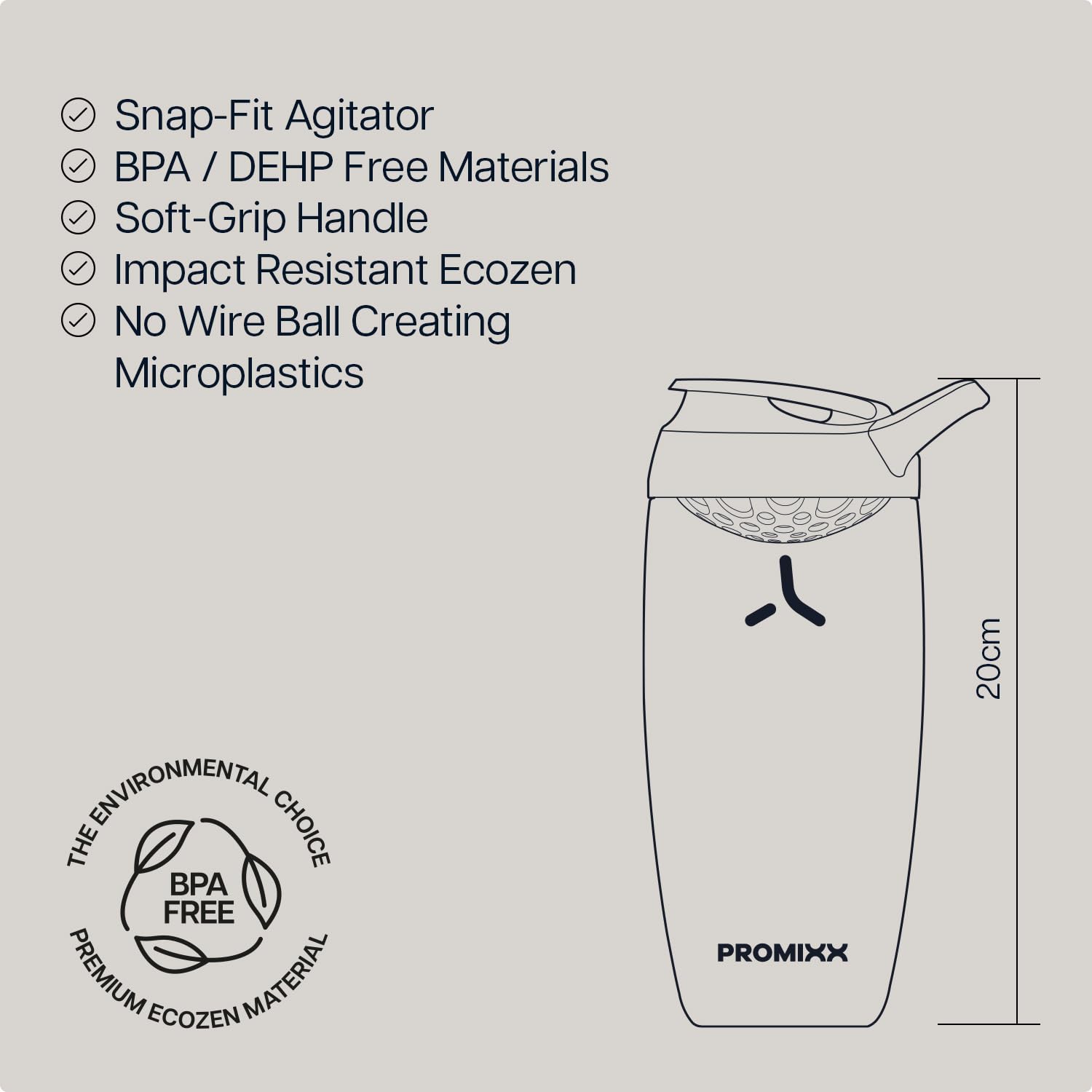 Promixx Pursuit Shaker Proteico – 760ml Miscelatore Silenzioso Snap-Fit per Frullati Senza Grumi – Ermetico Senza BPA Ecozen con Segni Misurazione Fitness – Nero