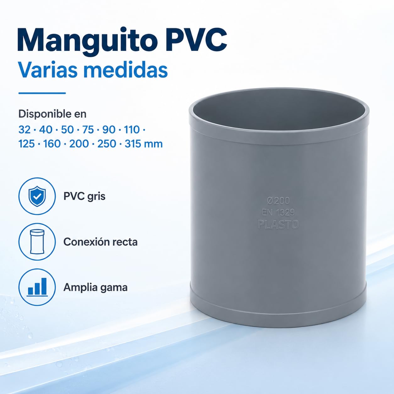 Manguito PVC para Unión de Tuberías de Saneamiento y Evacuación | Conector Recto para Empalmar Tubos PVC | Accesorio de Fontanería Disponible en Varias Medidas (315mm)