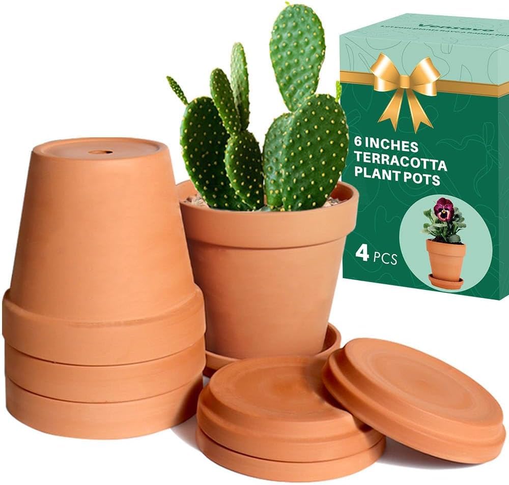 vensovo 15cm Clay Pot for Plant with Saucer - 4 Pack Large Terra Cotta Plant Pots with Drainage Hole, Flowerpot with Tray, Terracotta Planter for Indoor Outdoor Plant