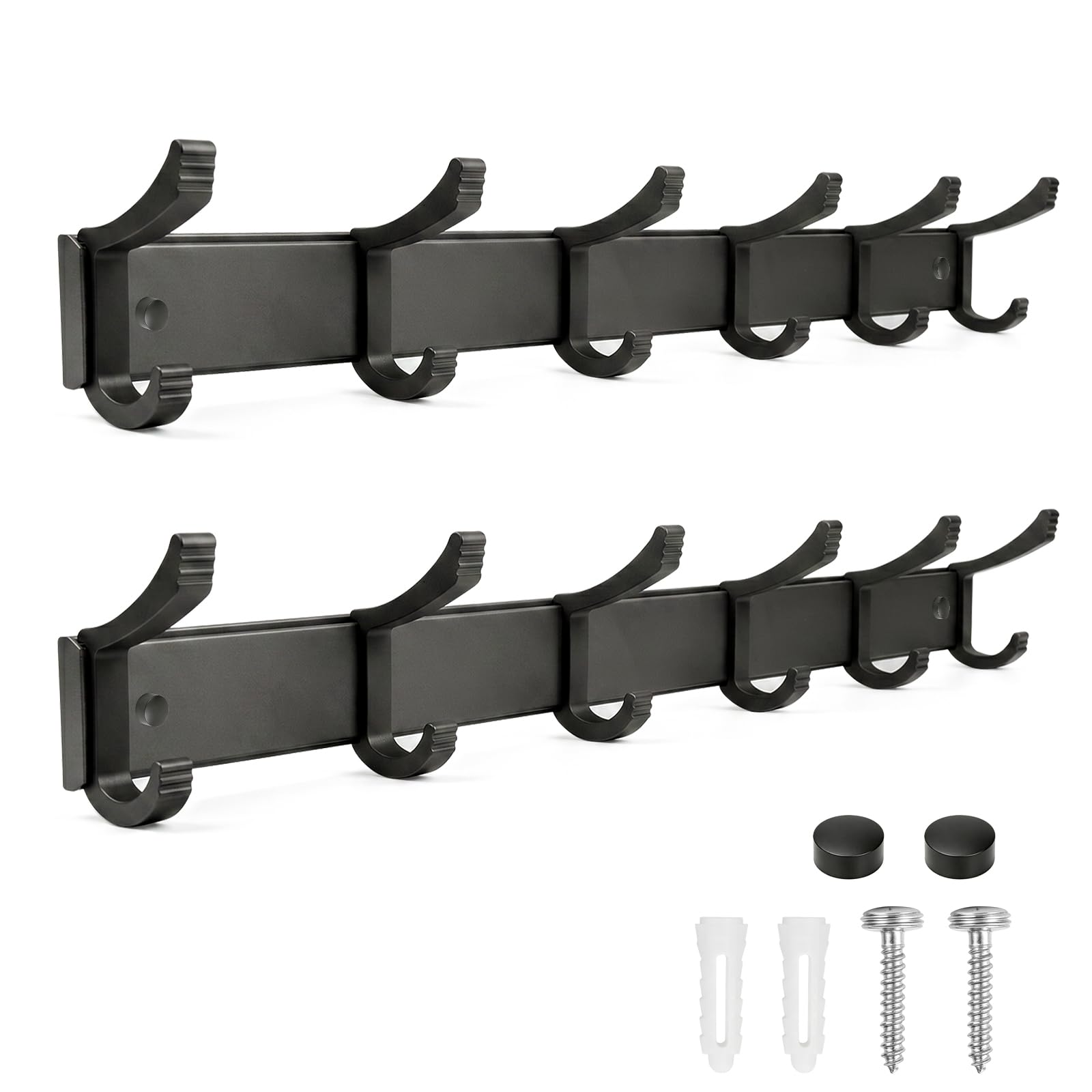 NONETO 2 Pack Coat Hooks Wall Mounted with 6 Movable Coat Rack (Black)